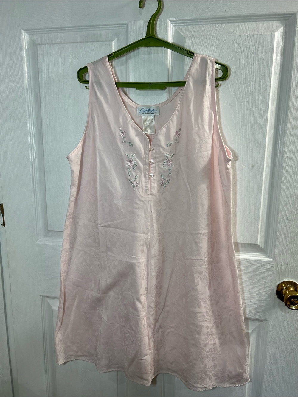 VTG Collette by Miss Elaine Pink Cotton Jacquard Embroidered Gown L 44.5 ptp